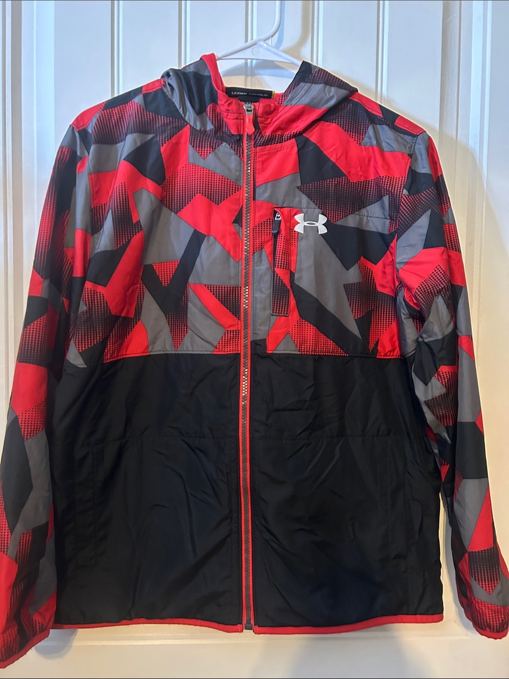 Under Armour Red, Black & Gray Geometric Hooded lined Windbreaker